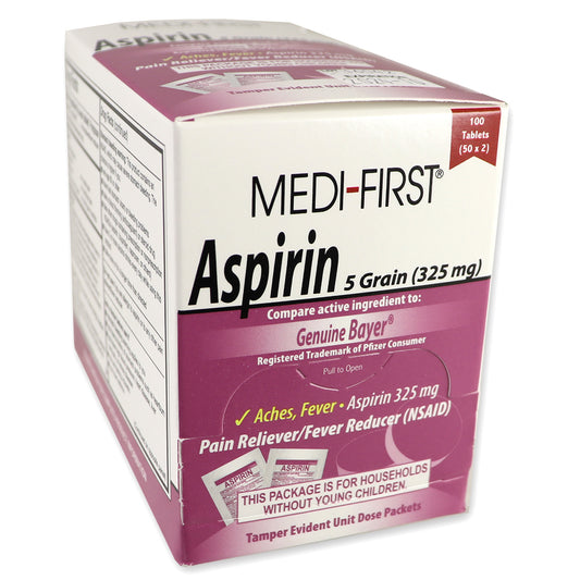 Aspirin, 100 tablets per box, 50 packets of 2 tabs each