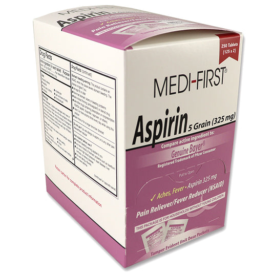Aspirin, 250 tablets per box, 125 packets of 2 tabs each