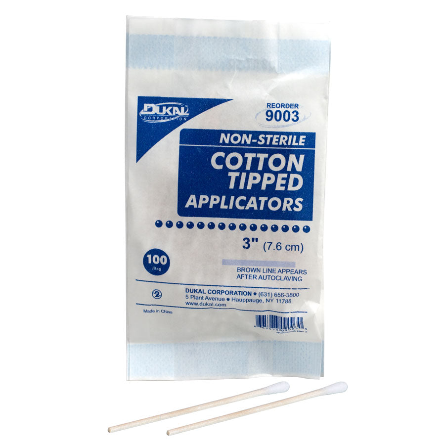 Cotton tipped applicator, 3", non-sterile, 100 per package