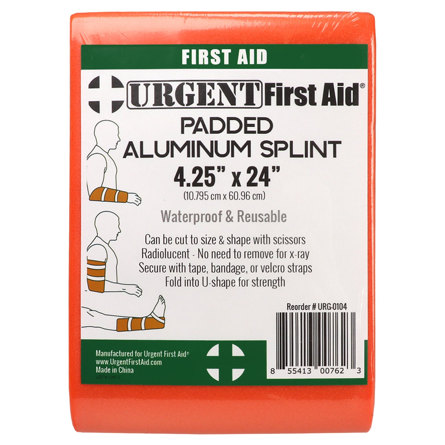 Padded Multi-Purpose Splint, Aluminum, Reusable, Orange, 4.25” x 24”, Urgent First Aid
